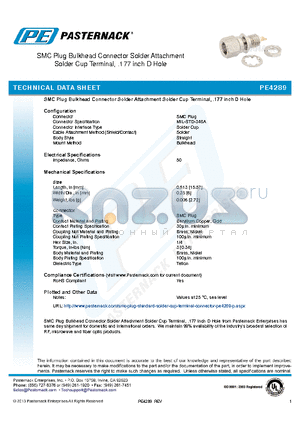 PE4289 datasheet - SMC Plug Bulkhead Connector Solder Attachment Solder Cup Terminal, .177 inch D Hole