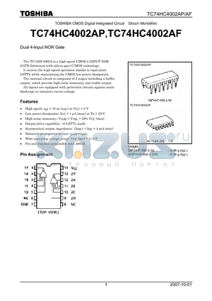 TC74HC4002AP datasheet - CMOS Digital Integrated Circuit Silicon Monolithic Dual 4-Input NOR Gate