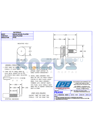 PE4392 datasheet - BNC FEMALE BULKHEAD CRIMP ATTACHMENT FOR RG188-DS &RG316-DS