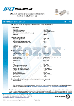 PE4400 datasheet - SMA Male Connector Clamp/Solder Attachment For RG188-DS, RG316-DS