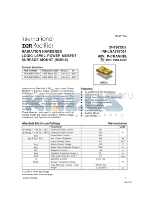 IRHLNA797064 datasheet - RADIATION HARDENED LOGIC LEVEL POWER MOSFET SURFACE MOUNT (SMD-2)