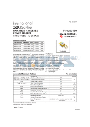 IRHM54160 datasheet - RADIATION HARDENED POWER MOSFET THRU-HOLE