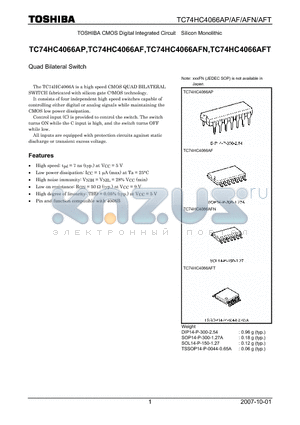 TC74HC4066AP datasheet - CMOS Digital Integrated Circuit Silicon Monolithic Quad Bilateral Switch