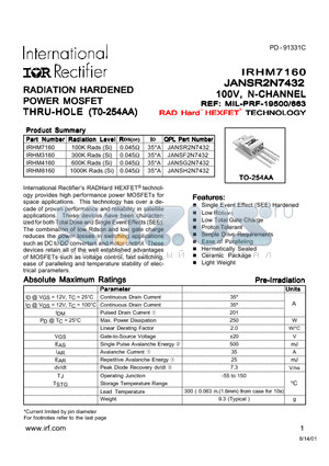 IRHM4160 datasheet - REPETITIVE AVALANCHE AND dv/dt RATED HEXFET TRANSISTOR