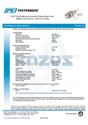 PE44118 datasheet - SHV Plug Bulkhead Connector Solder Attachment Solder Cup Terminal, .350 inch D Hole