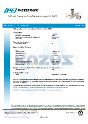 PE44146 datasheet - FME Jack Connector Crimp/Solder Attachment For RG58