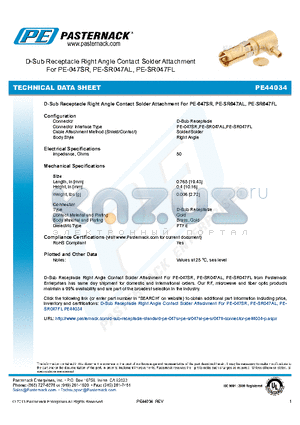 PE44034 datasheet - D-Sub Receptacle Right Angle Contact Solder Attachment For PE-047SR, PE-SR047AL, PE-SR047FL