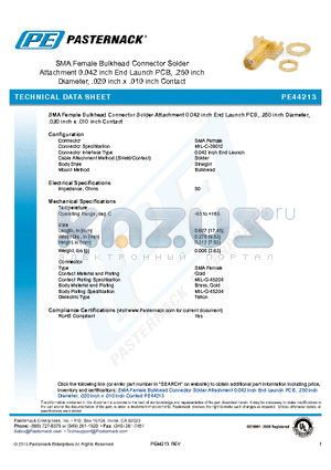 PE44213 datasheet - SMA Female Bulkhead Connector Solder Attachment 0.042 inch End Launch PCB, .250 inch Diameter, .020 inch x .010 inch Contact