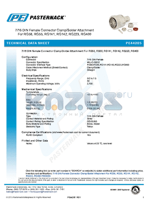 PE44285 datasheet - 7/16 DIN Female Connector Clamp/Solder Attachment For RG58, RG55, RG141, RG142, RG223, RG400