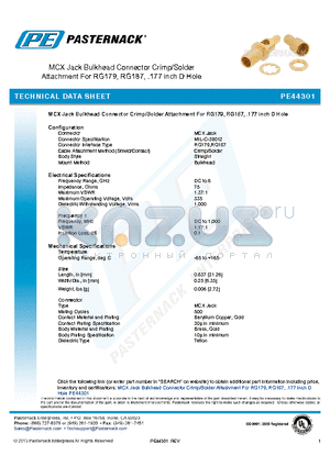 PE44301 datasheet - MCX Jack Bulkhead Connector Crimp/Solder Attachment For RG179, RG187, .177 inch D Hole