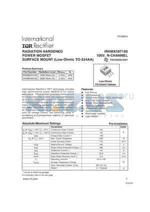 IRHMK593160 datasheet - RADIATION HARDENED POWER MOSFET SURFACE MOUNT (Low-Ohmic TO-254AA)