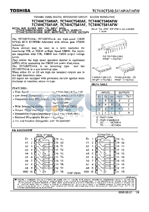 TC74HCT541AF datasheet - OCTAL BUS BUFFER WITH TTL INPUT LEVEL. INVERTING/NON-INVERTING, 3-STATE OUTPUTS