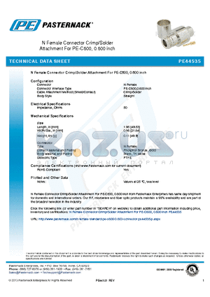 PE44535 datasheet - N Female Connector Crimp/Solder Attachment For PE-C600, 0.600 inch