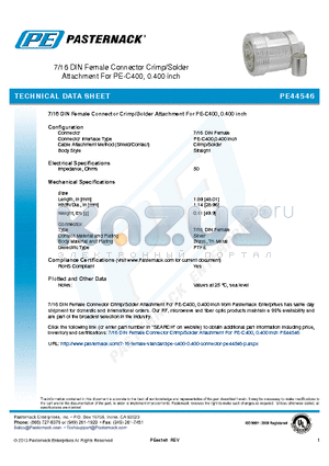 PE44546 datasheet - 7/16 DIN Female Connector Crimp/Solder Attachment For PE-C400, 0.400 inch