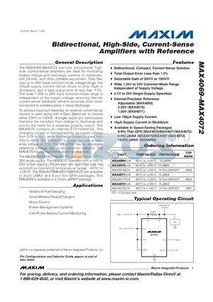 MAX4072 datasheet - Bidirectional, High-Side, Current-Sense Amplifiers with Reference