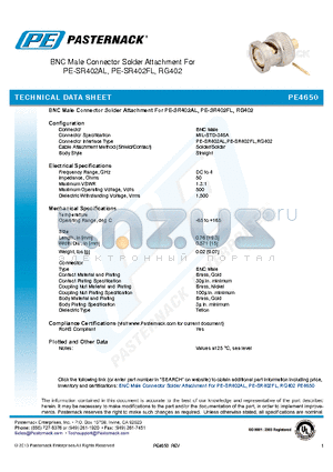 PE4650 datasheet - BNC Male Connector Solder Attachment For PE-SR402AL, PE-SR402FL, RG402