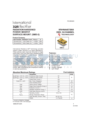 IRHNA63260 datasheet - RADIATION HARDENED POWER MOSFET SURFACE-MOUNT (SMD-2)