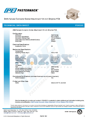 PE4535 datasheet - SMA Female Connector Solder Attachment 1/4 inch Stripline PCB