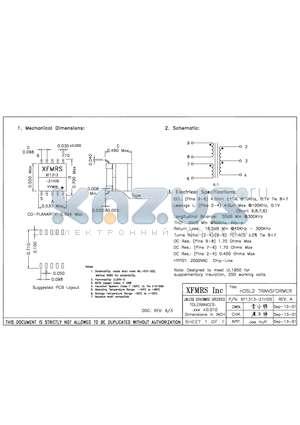 XF1313-21HDS datasheet - HDSL2 TRANSFORMER