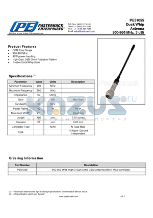 PE51055 datasheet - Duck/Whip Antenna 900-960 MHz, 3 dBi