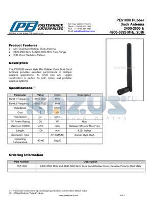 PE51080 datasheet - Duck Antenna 2400-2500 & 4900-5825 MHz, 2dBi