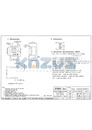 XF1313-26HDS datasheet - HDSL TRANSFORMER