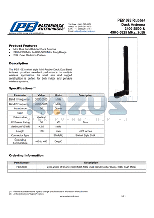 PE51083 datasheet - Duck Antenna 2400-2500 & 4900-5825 MHz, 2dBi
