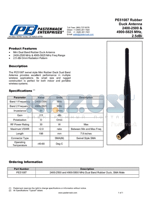 PE51087 datasheet - Duck Antenna 2400-2500 & 4900-5825 MHz, 2.5dBi