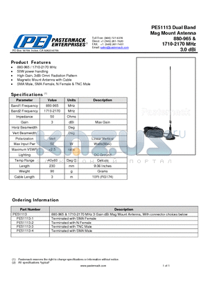 PE51113 datasheet - Dual Band Mag Mount Antenna 880-965 & 1710-2170 MHz 3.0 dBi