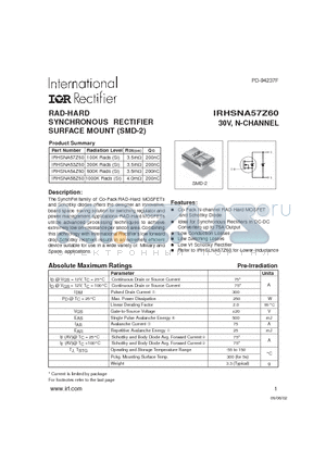 IRHSNA53Z60 datasheet - RAD-HARD SYNCHRONOUS RECTIFIER SURFACE MOUNT (SMD-2) 30V N-CHANNEL