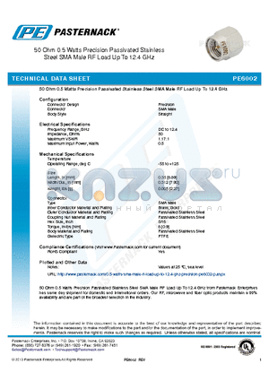 PE6002 datasheet - 50 Ohm 0.5 Watts Precision Passivated Stainless