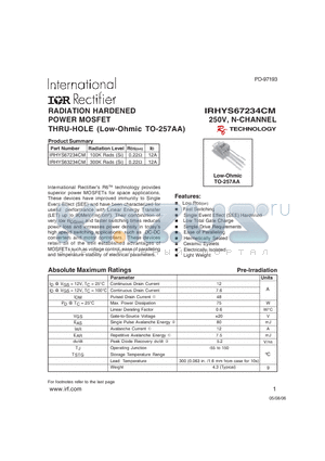 IRHYS63234CM datasheet - RADIATION HARDENED POWER MOSFET THRU-HOLE (Low-Ohmic TO-257AA)