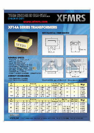 XF14A datasheet - XF14A SERIES TRANSFORMER