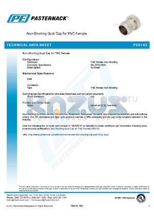 PE6143 datasheet - Non-Shorting Dust Cap for TNC Female