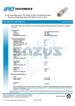 PE7030-30 datasheet - 30 dB Fixed Attenuator, TNC Male To TNC Female Passivated 30 dB Fixed Attenuator, TNC Male To TNC Female Passivated