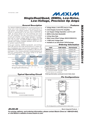 MAX410BEPA datasheet - Single/Dual/Quad, 28MHz, Low-Noise, Low-Voltage, Precision Op Amps