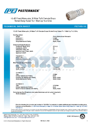 PE7163-10 datasheet - 10 dB Fixed Attenuator, N Male To N Female Brass Nickel Body Rated To 1 Watt Up To 2 GHz