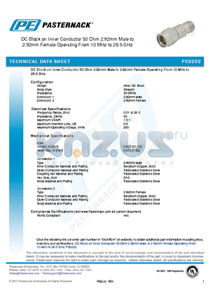 PE8222 datasheet - DC Block on Inner Conductor 50 Ohm 2.92mm Male to 2.92mm Female Operating From 10 MHz to 26.5 GHz