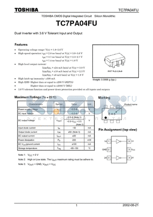 TC7PA04FU datasheet - TOSHIBA CMOS Digital Integrated Circuit Silicon Monolithic