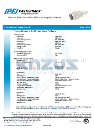 PE91052 datasheet - Precision SMA Male to Mini SMP Male Adapter Full Detent