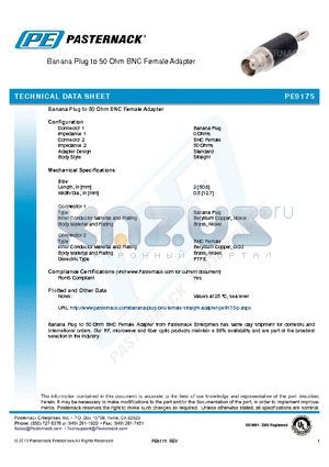 PE9175 datasheet - Banana Plug to 50 Ohm BNC Female Adapter