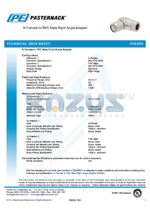 PE9263 datasheet - N Female to TNC Male Right Angle Adapter