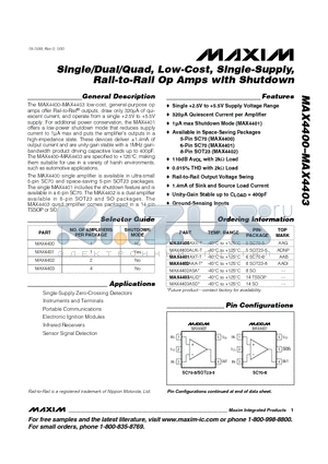 MAX4400AXK-T datasheet - Single/Dual/Quad, Low-Cost, Single-Supply, Rail-to-Rail Op Amps with Shutdown