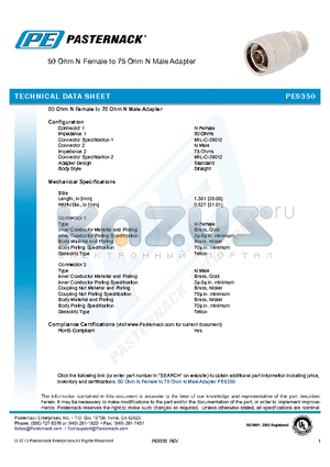 PE9350 datasheet - 50 Ohm N Female to 75 Ohm N Male Adapter