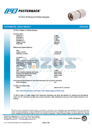 PE9308 datasheet - 75 Ohm N Male to N Male Adapter