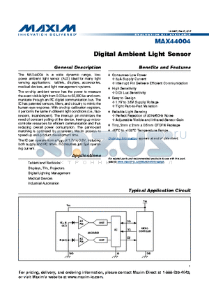 MAX44004GDT+ datasheet - Digital Ambient Light Sensor