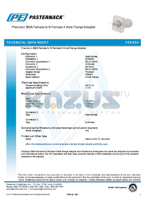 PE9434 datasheet - Precision SMA Female to N Female 4 Hole Flange Adapter