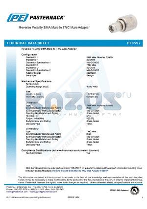 PE9597 datasheet - Reverse Polarity SMA Male to TNC Male Adapter