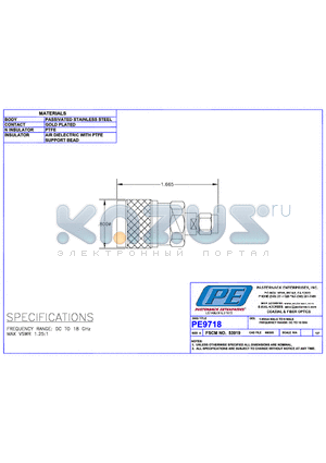 PE9718 datasheet - 1.85mm MALE TO N MALE FREQUENCY RANGE; DC TO 18 GHz