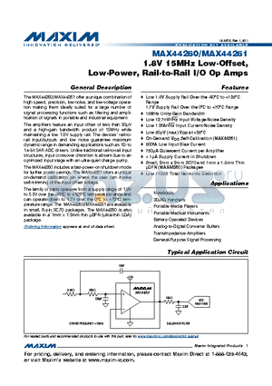 MAX44261AXT+ datasheet - 1.8V 15MHz Low-Offset, Low-Power, Rail-to-Rail I/O Op Amps